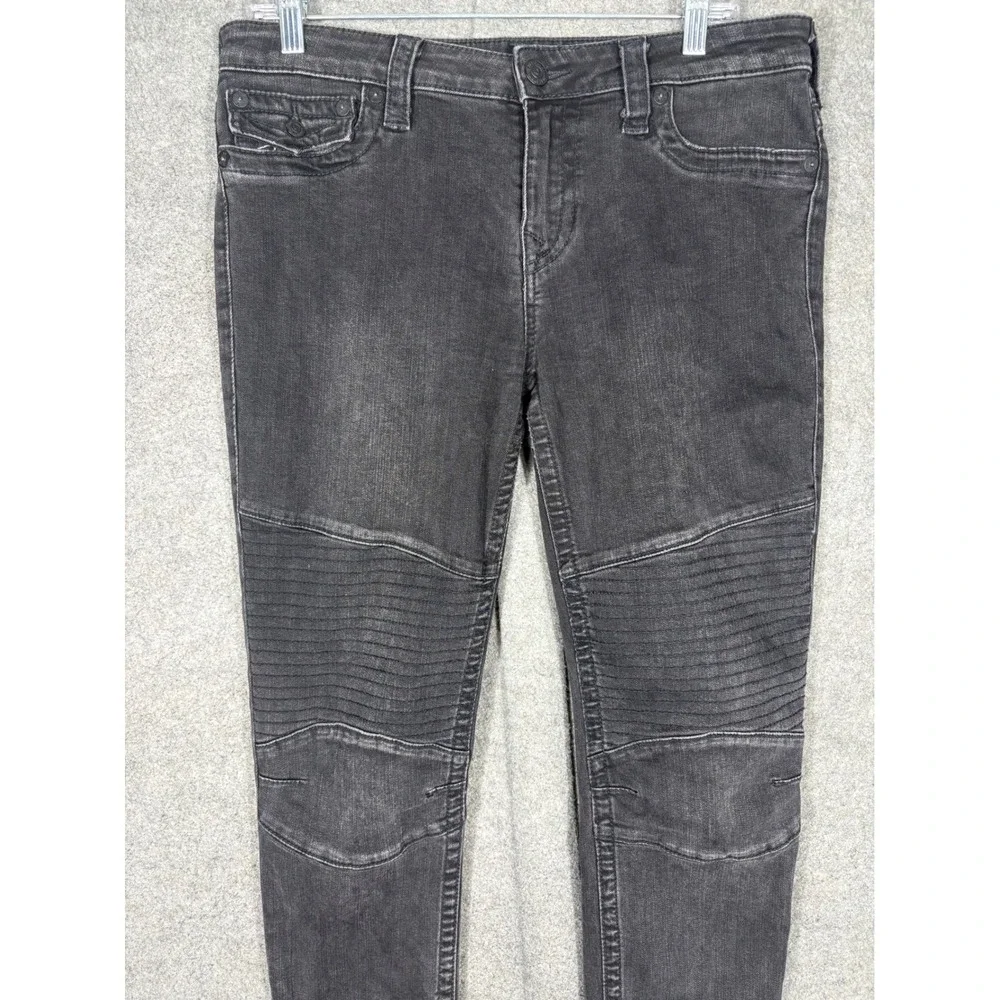 True Religion Mens Super Skinny Moto Jeans Faded Black Ribbed Knee